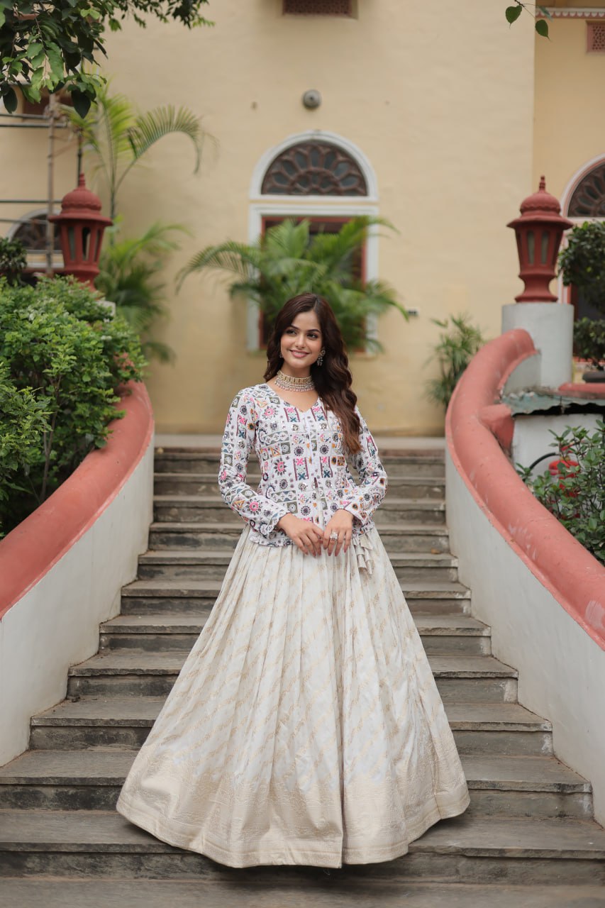 Luxurious Designer Sequins Embroidered Co-ord Set: Elevate Your Look with Elegant Jacquard Lehenga & Peplum Blouse