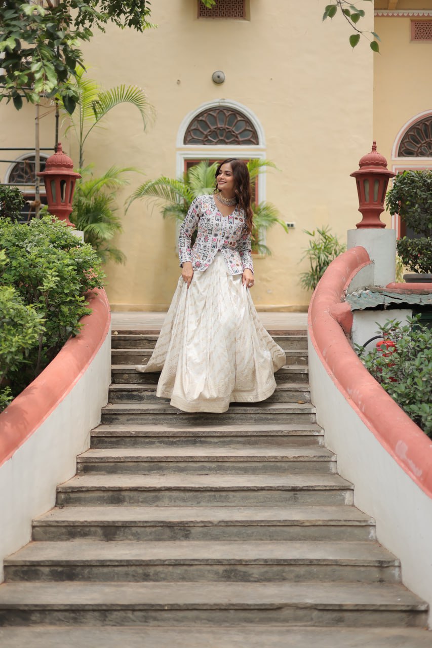 Luxurious Designer Sequins Embroidered Co-ord Set: Elevate Your Look with Elegant Jacquard Lehenga & Peplum Blouse