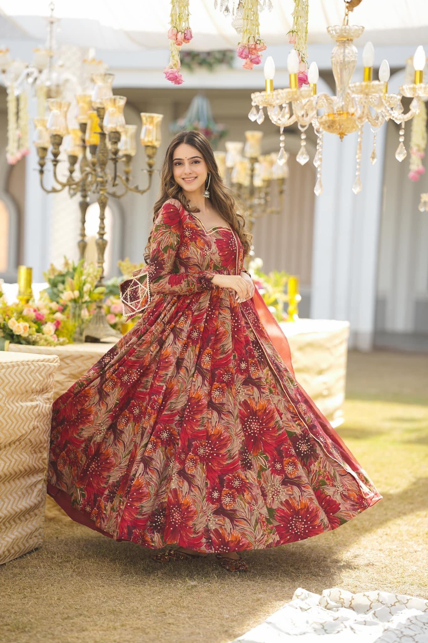 Red Color Floral Print Fabric Gown With Organza Dupatta (DCG41)