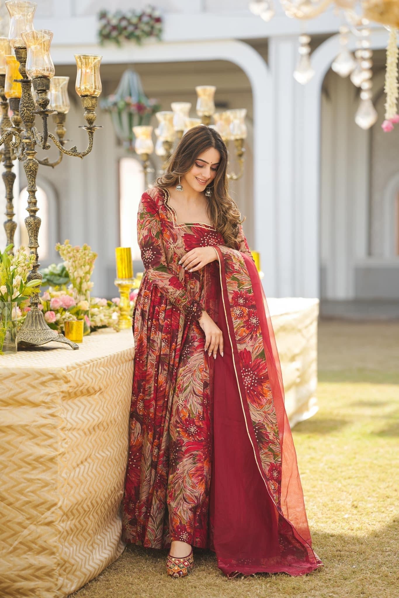 Red Color Floral Print Fabric Gown With Organza Dupatta (DCG41)