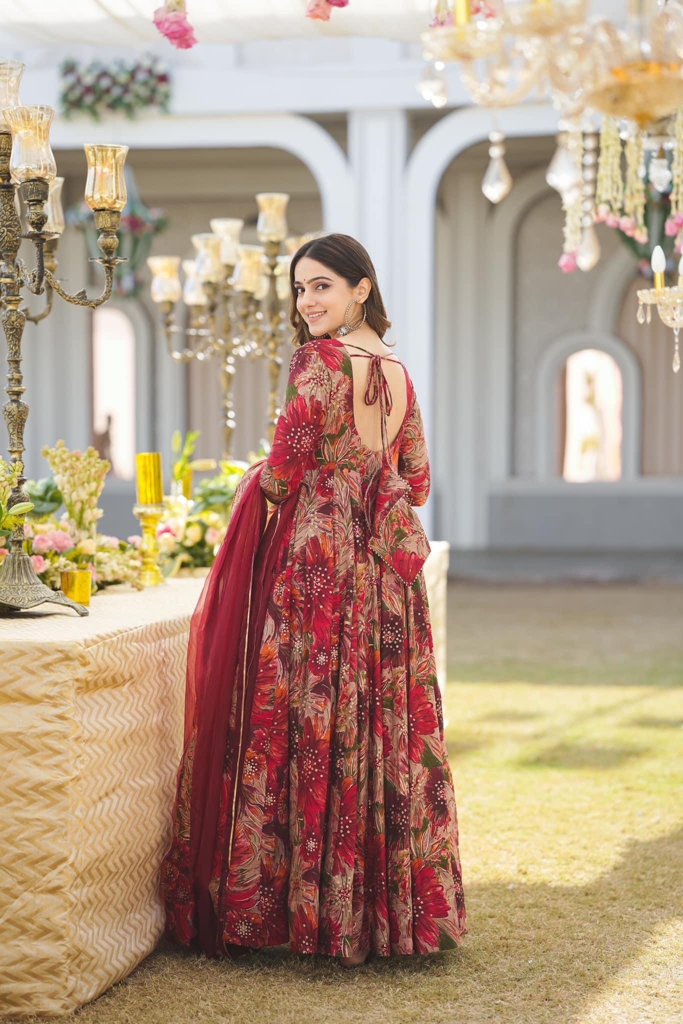 Red Color Floral Print Fabric Gown With Organza Dupatta (DCG41)