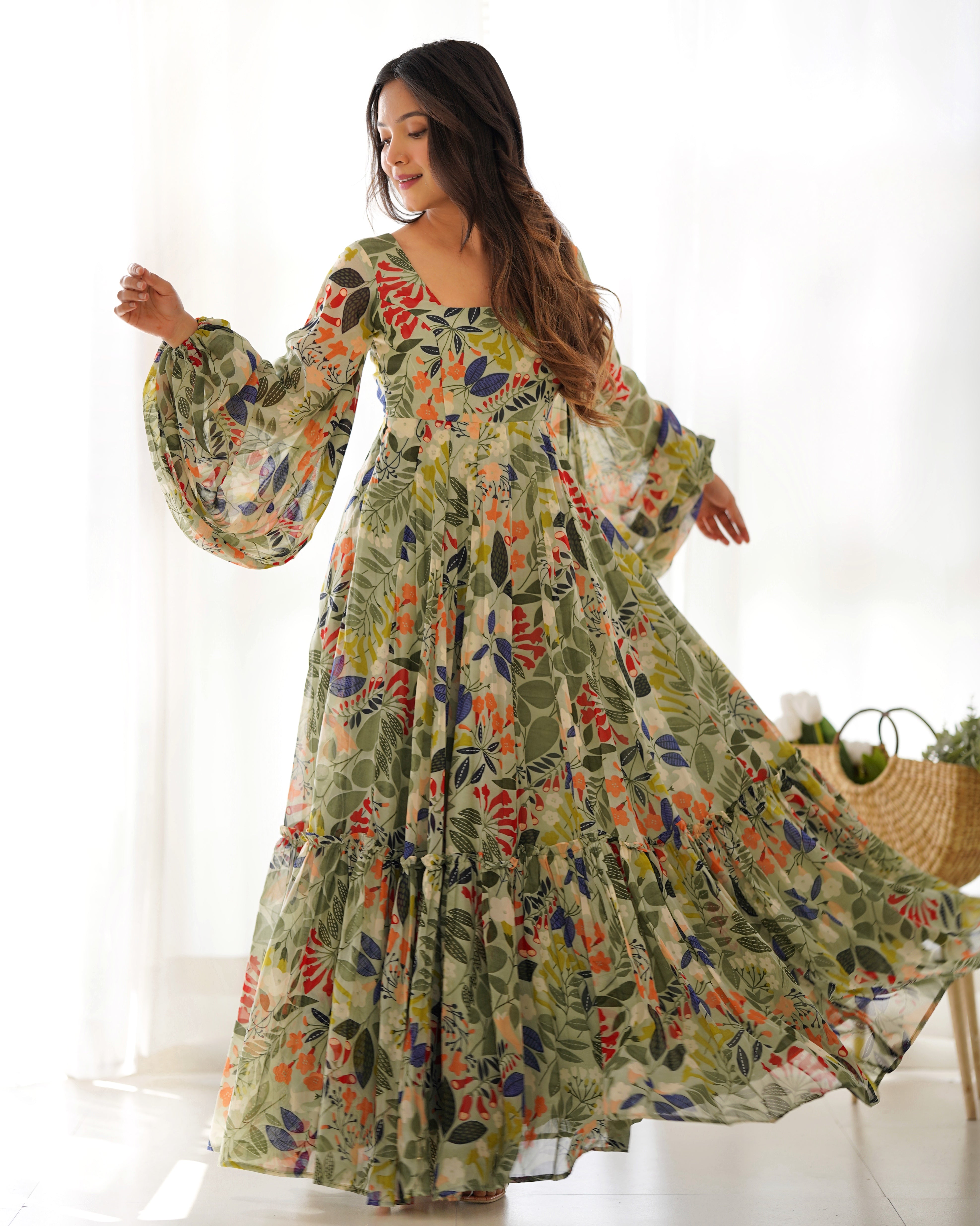 Floral Print Green Gown