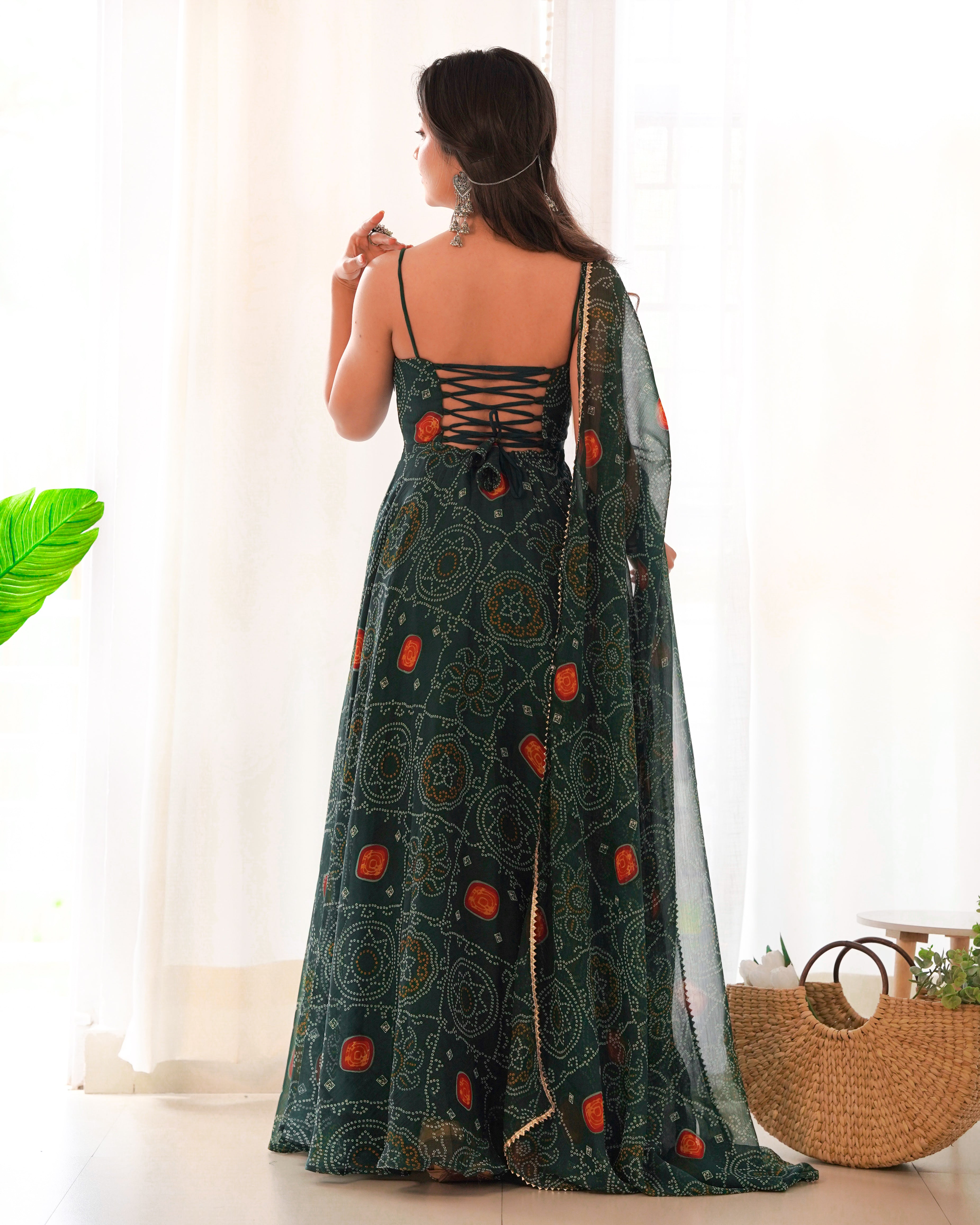 Green Color Bandhani Print Gown