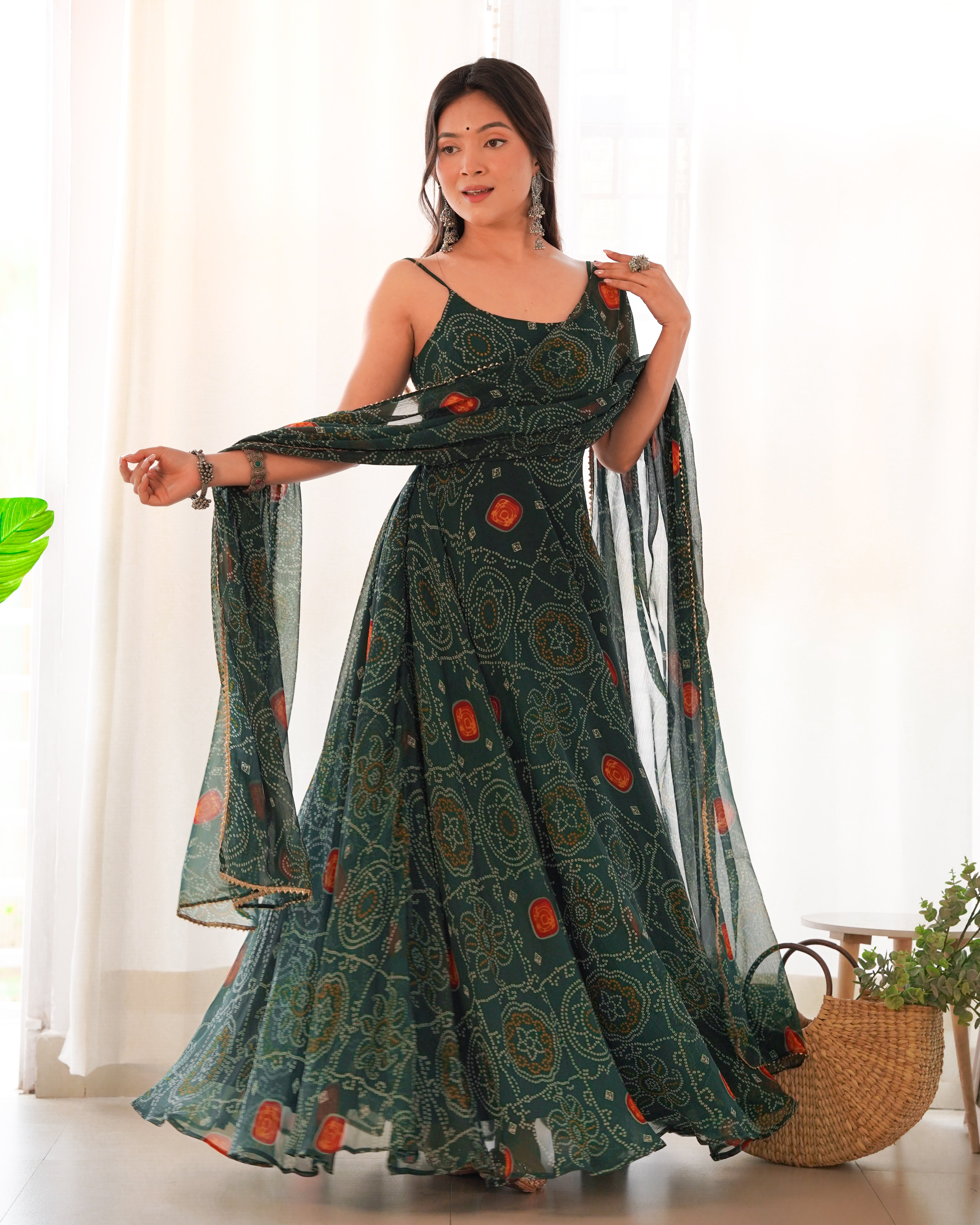 Green Color Bandhani Print Gown