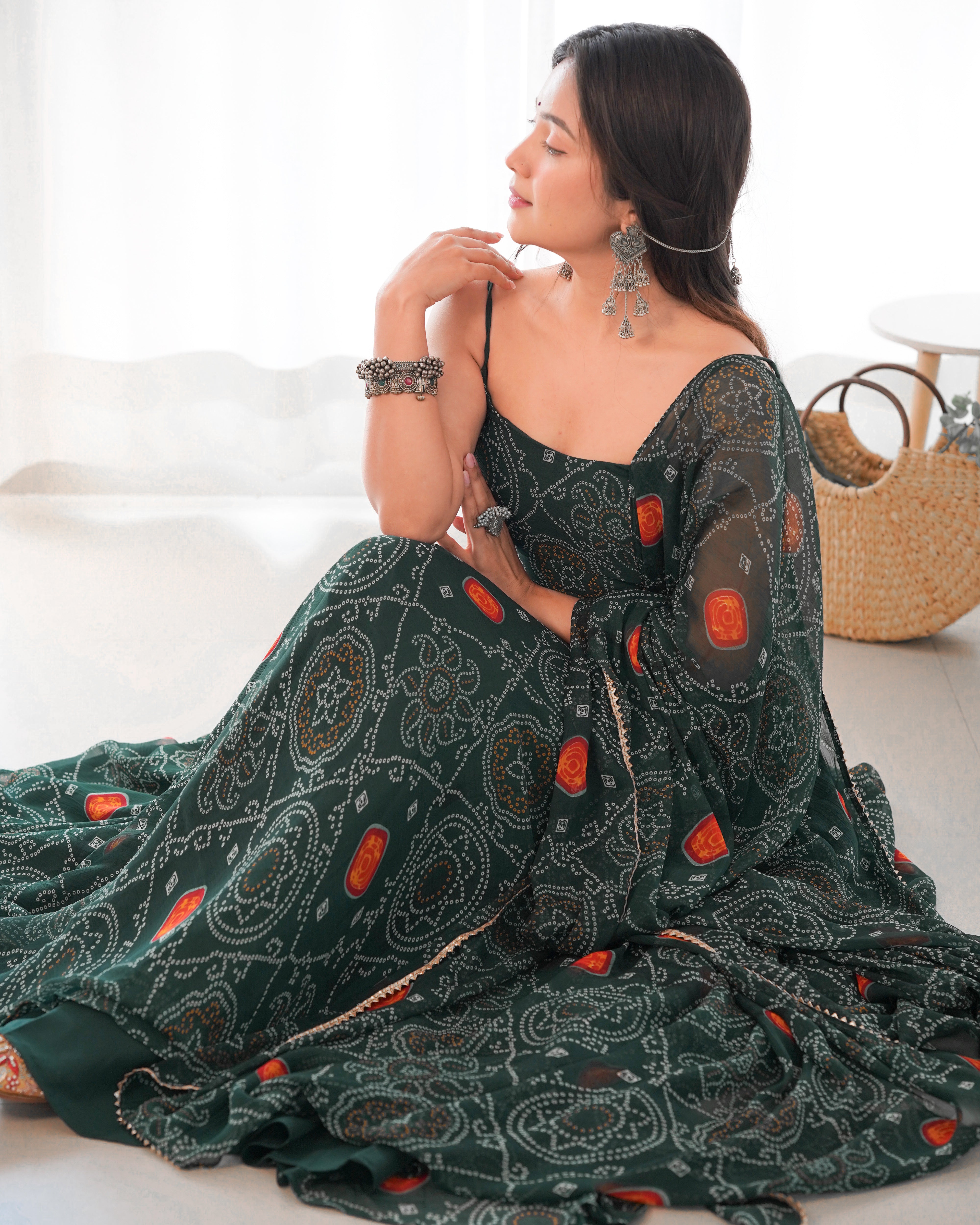 Green Color Bandhani Print Gown