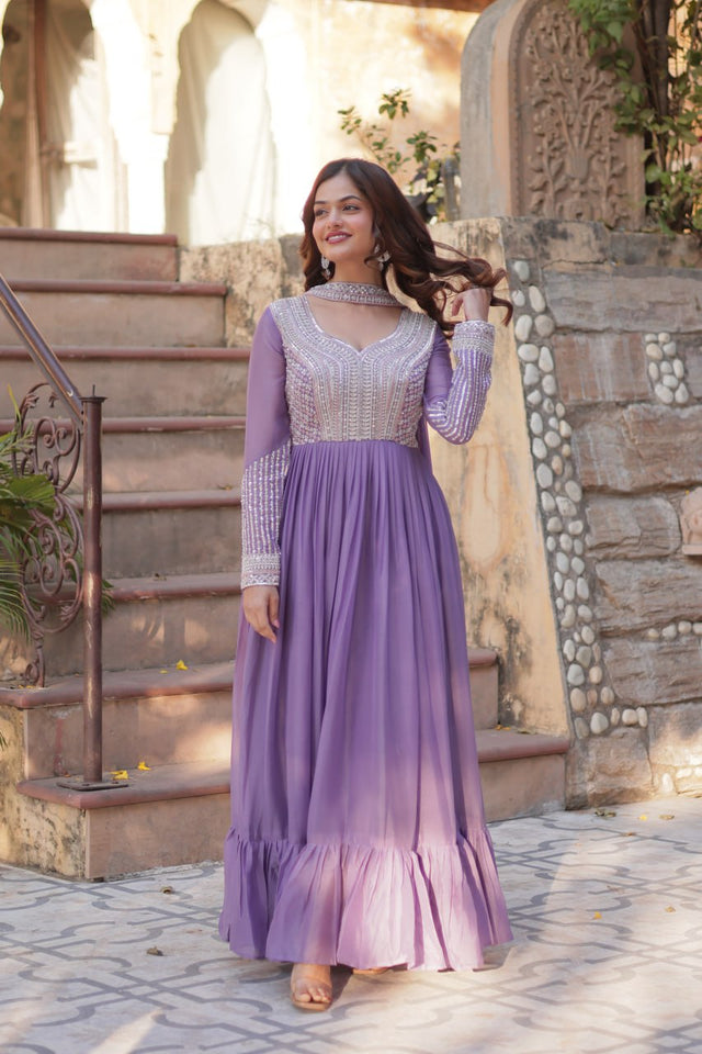 Designer Star Georgette Embroidered Gown with Dupatta – Elegant Flair & Beadwork Detailing