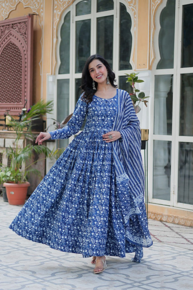 Pure Cotton Kurta Set with Elastic Bottom & Dupatta – Full Sleeves & Round Neck